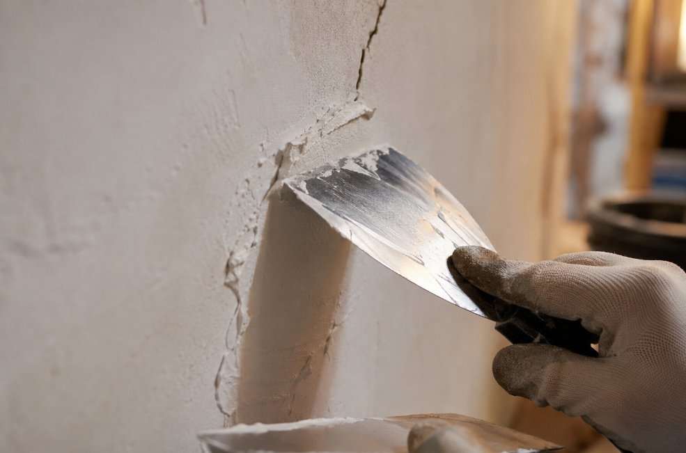 Detalle de mano aplicando masilla sobre una grieta de pared con espátula metálica